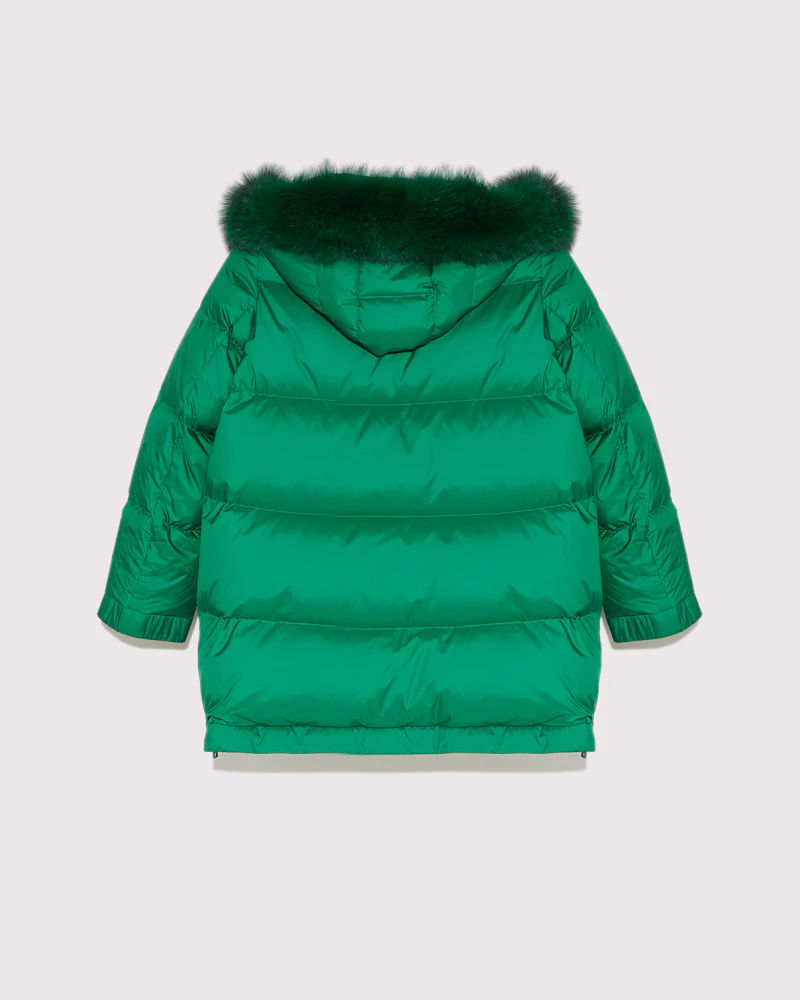 A-line down jacket with a hood and fox fur trim – Image 2
