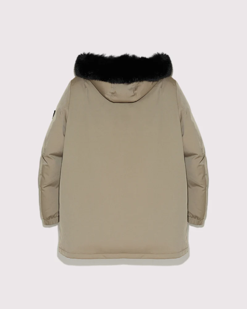 Hooded technical gabardine down jacket with fox fur - khaki – Image 2
