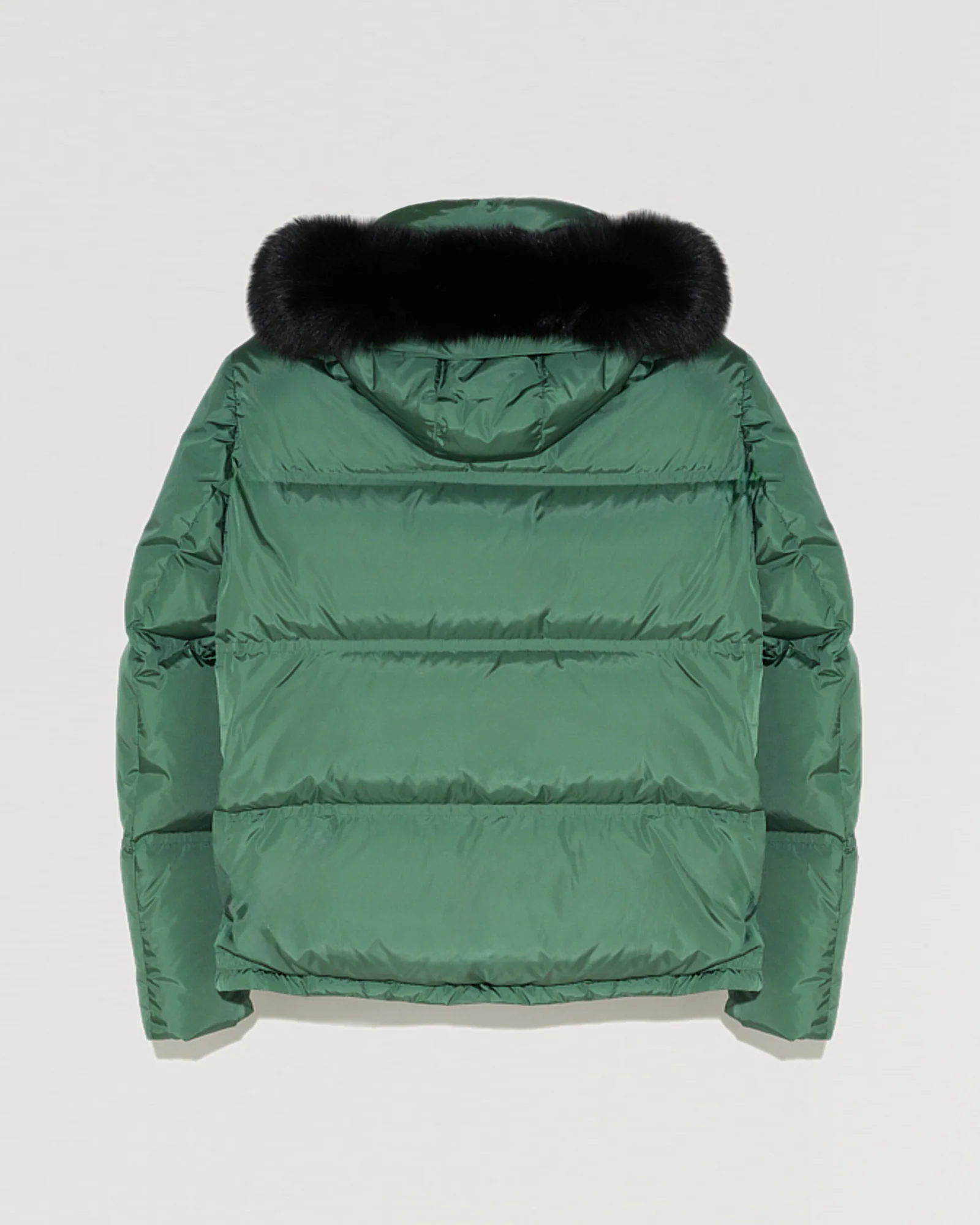 Hooded down jacket in technical gabardine with fox fur – Image 2