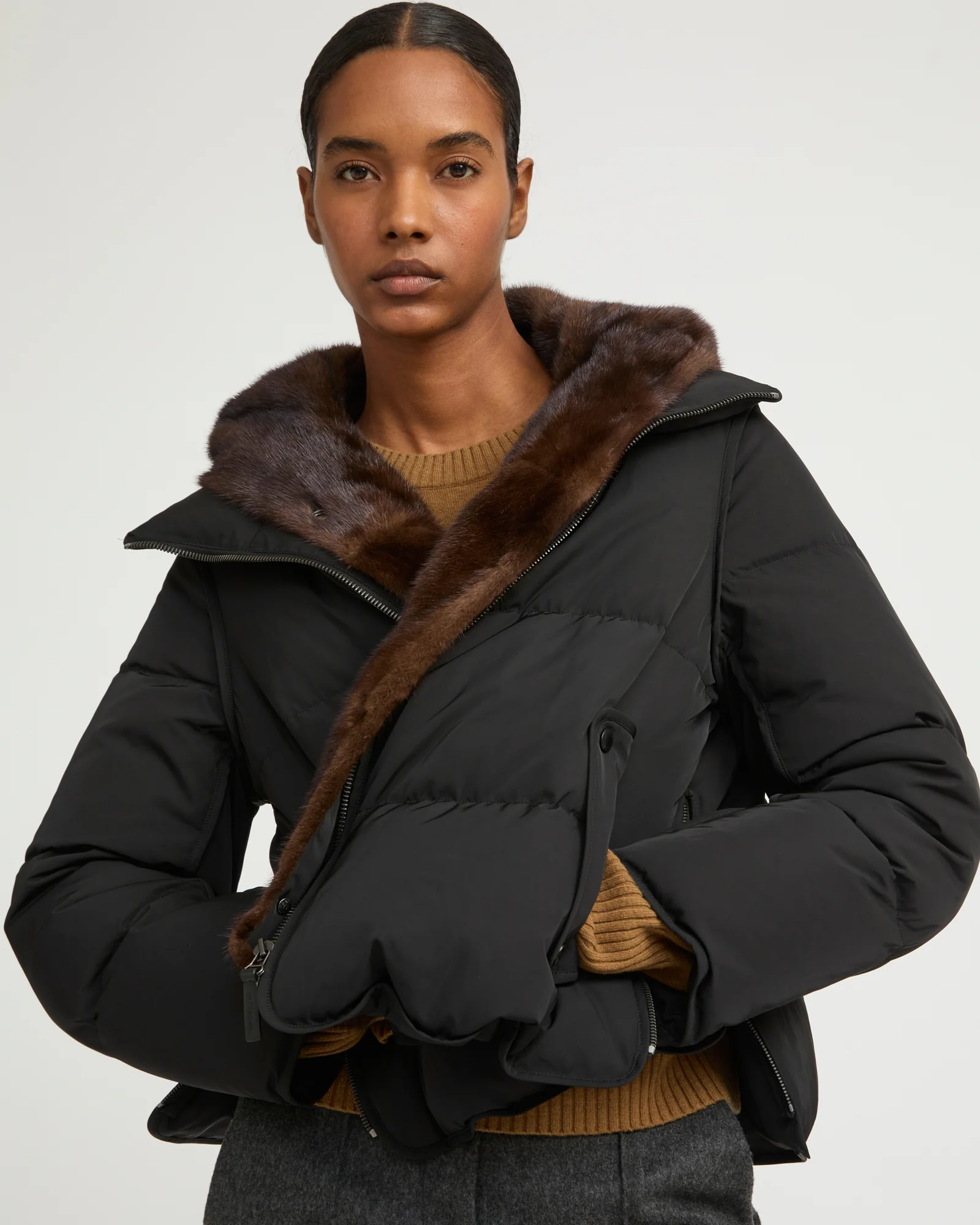 Iconic "A" line down jacke with mink fur hooded bib – Image 2