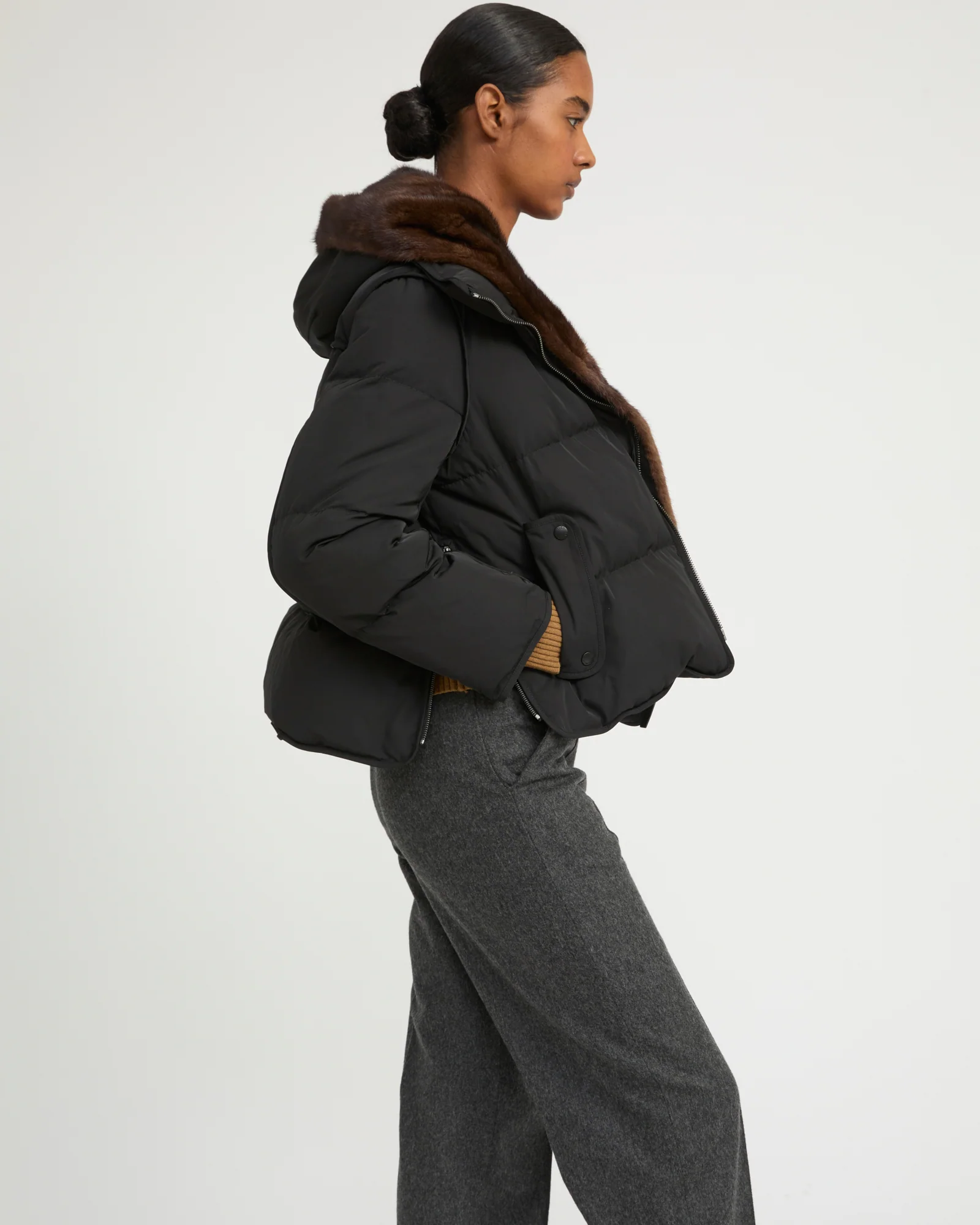 Iconic "A" line down jacke with mink fur hooded bib – Image 3