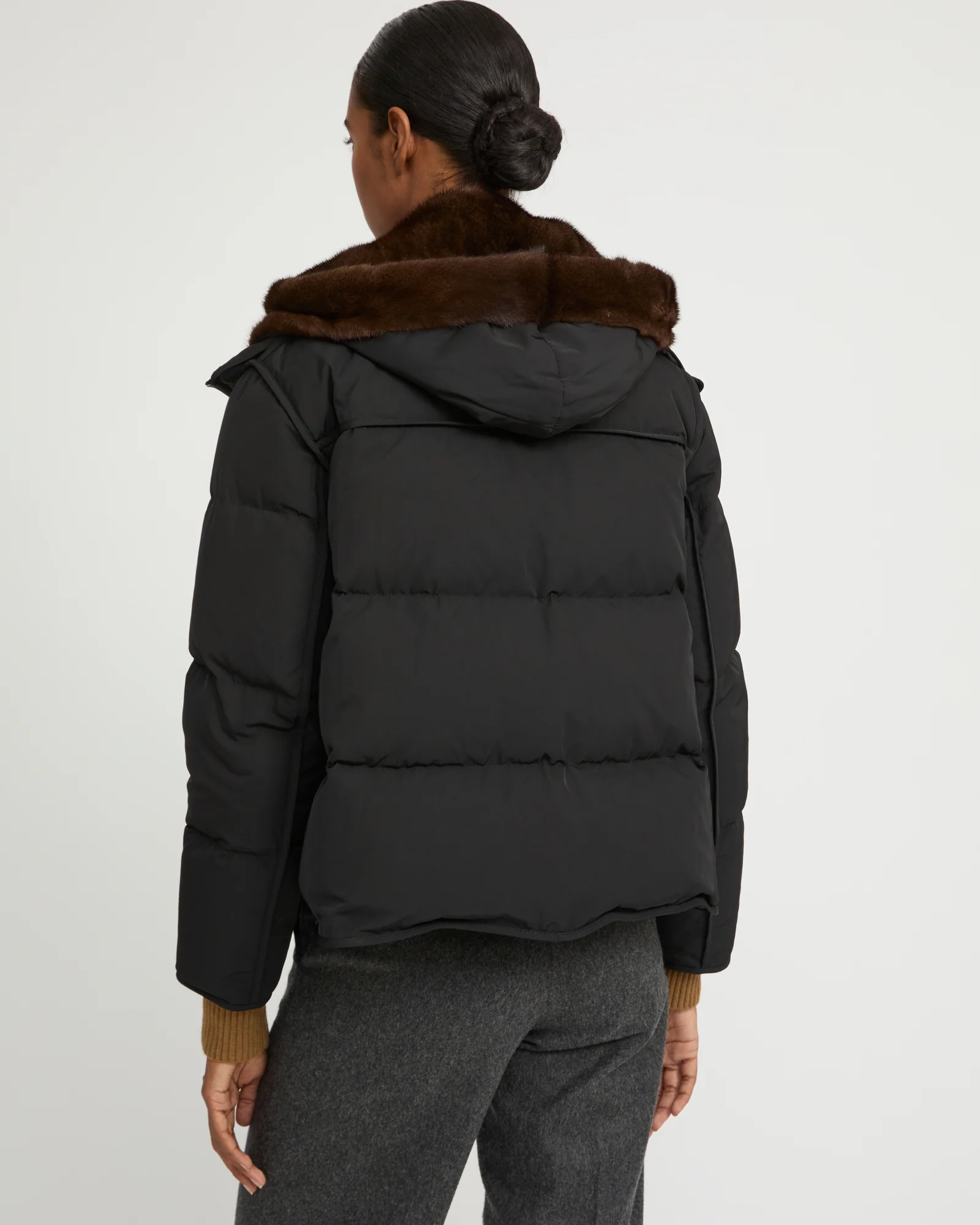 Iconic "A" line down jacke with mink fur hooded bib – Image 4