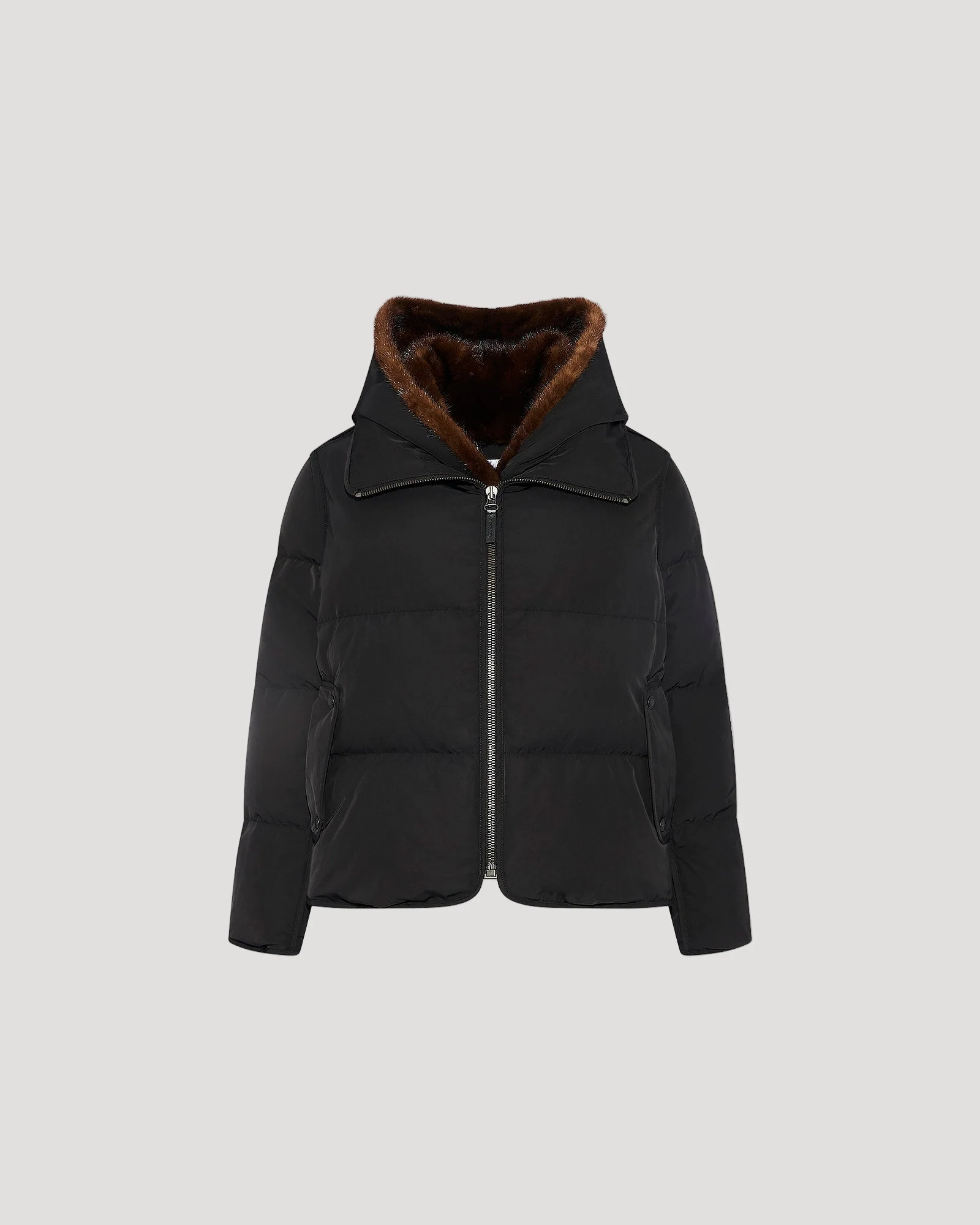 Iconic "A" line down jacke with mink fur hooded bib – Image 5