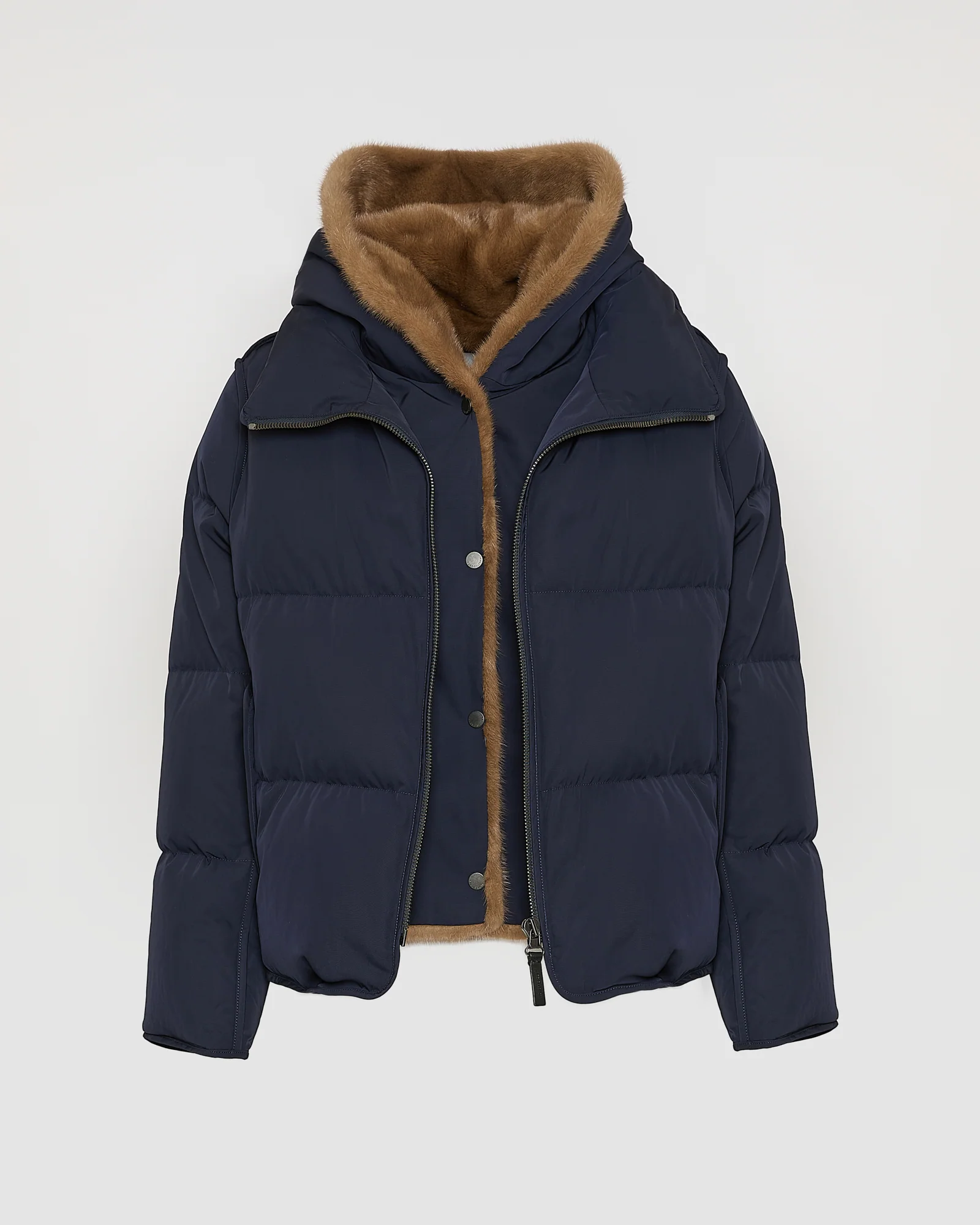 Iconic "A" line down jacke with mink fur hooded bib – Image 8