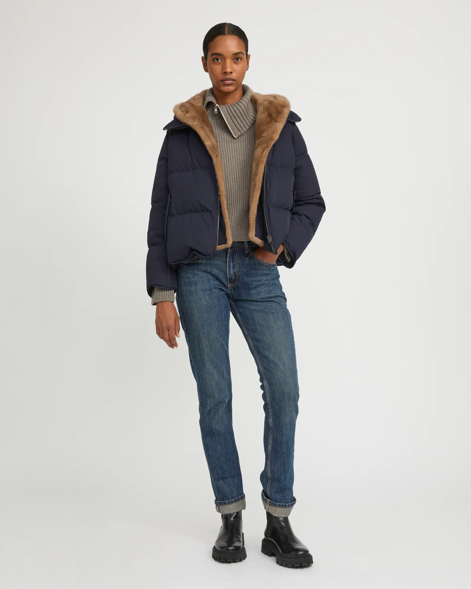 Iconic "A" line down jacke with mink fur hooded bib – Image 2