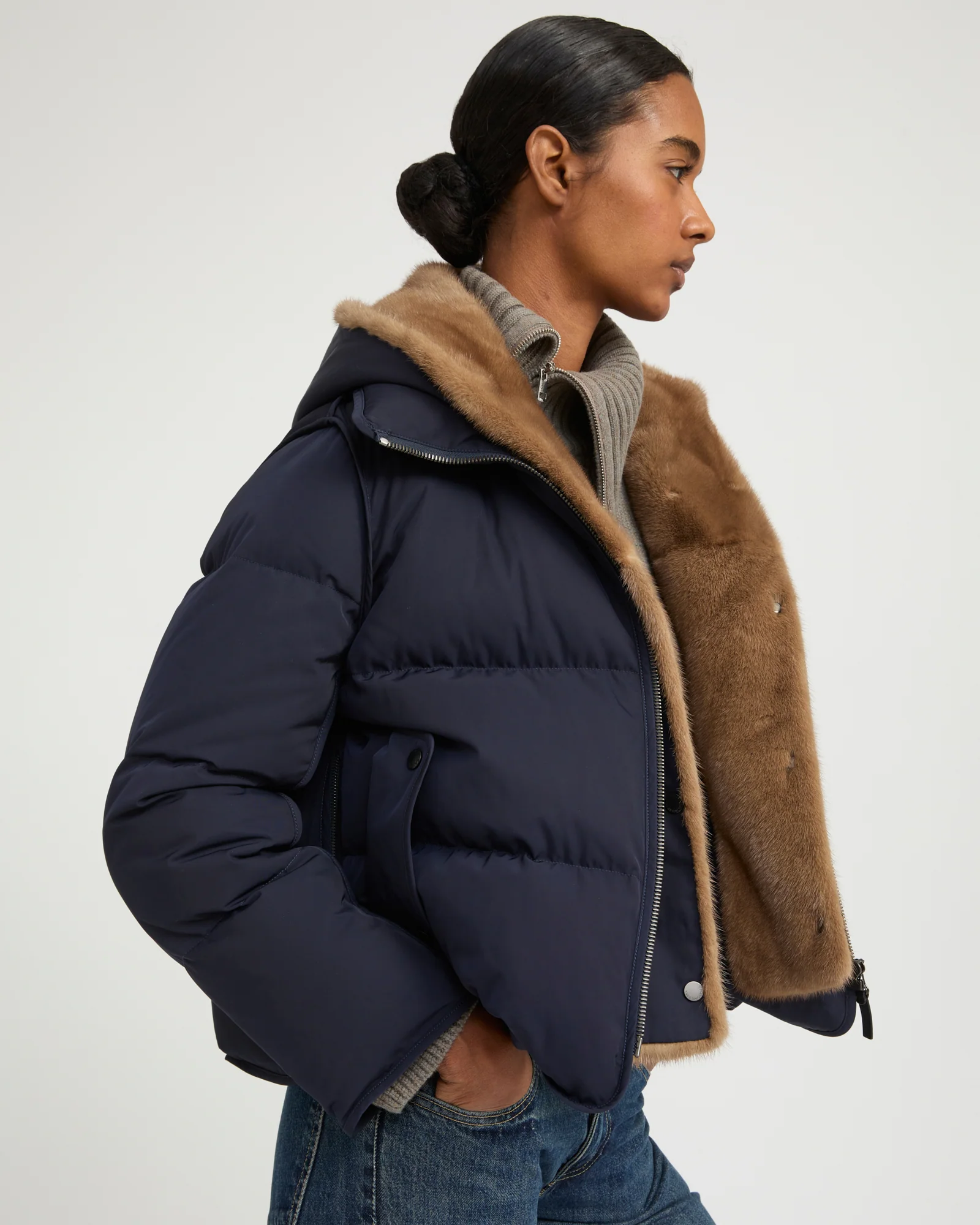 Iconic "A" line down jacke with mink fur hooded bib – Image 3