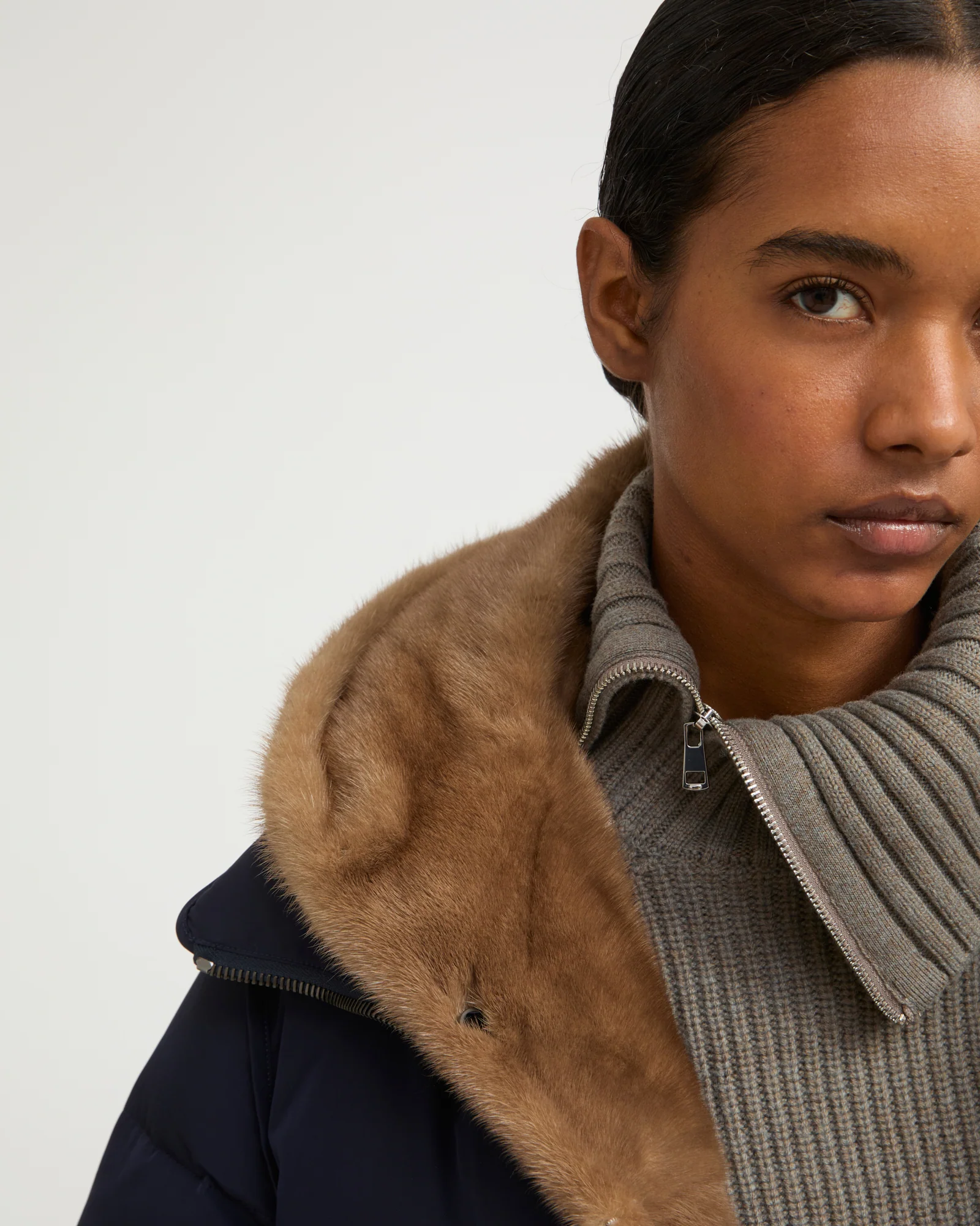 Iconic "A" line down jacke with mink fur hooded bib – Image 4