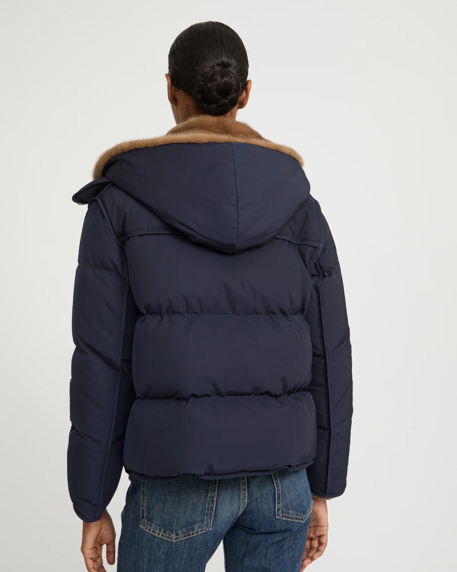 Iconic "A" line down jacke with mink fur hooded bib – Image 5