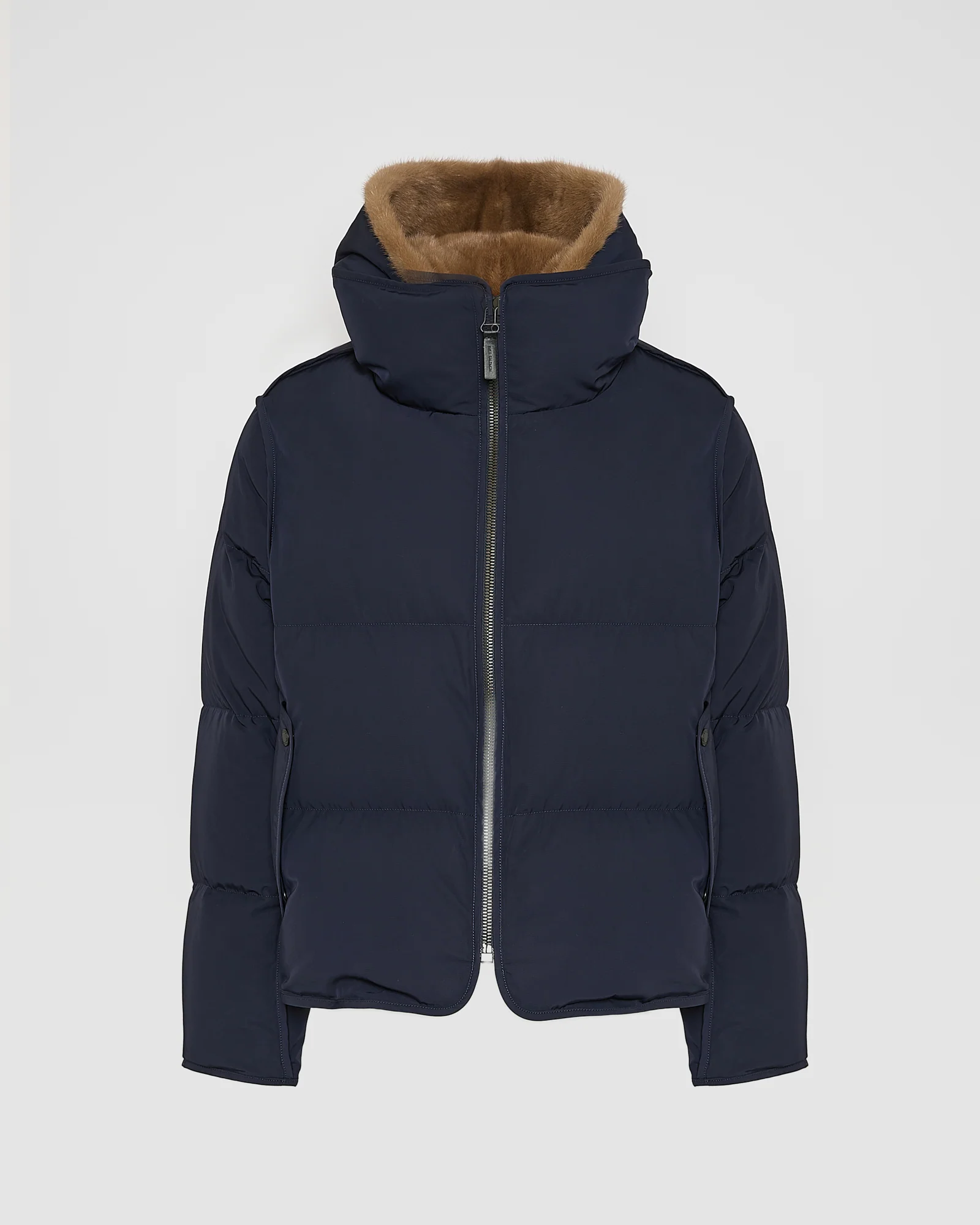 Iconic "A" line down jacke with mink fur hooded bib – Image 6