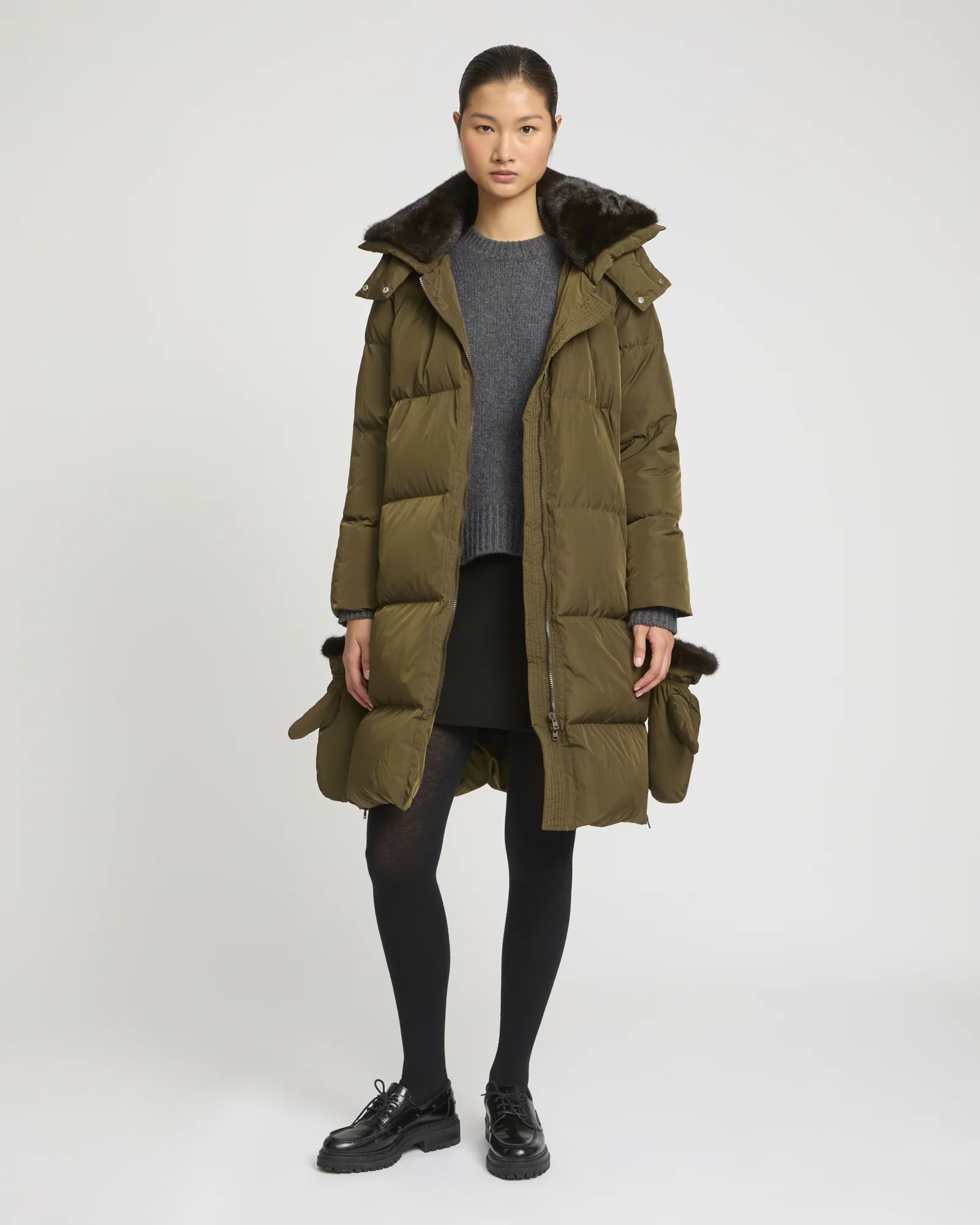 Long belted down jacket in technical fabric – Image 3