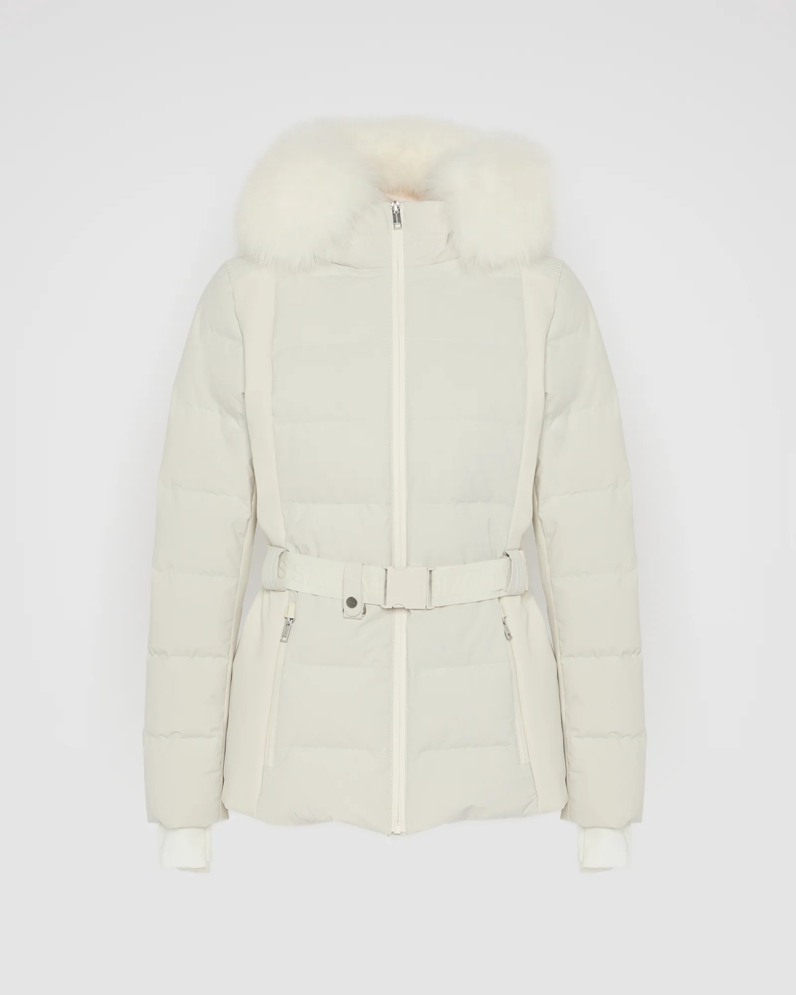 Mixed fabric belted ski jacket with fox fur trim – Image 7