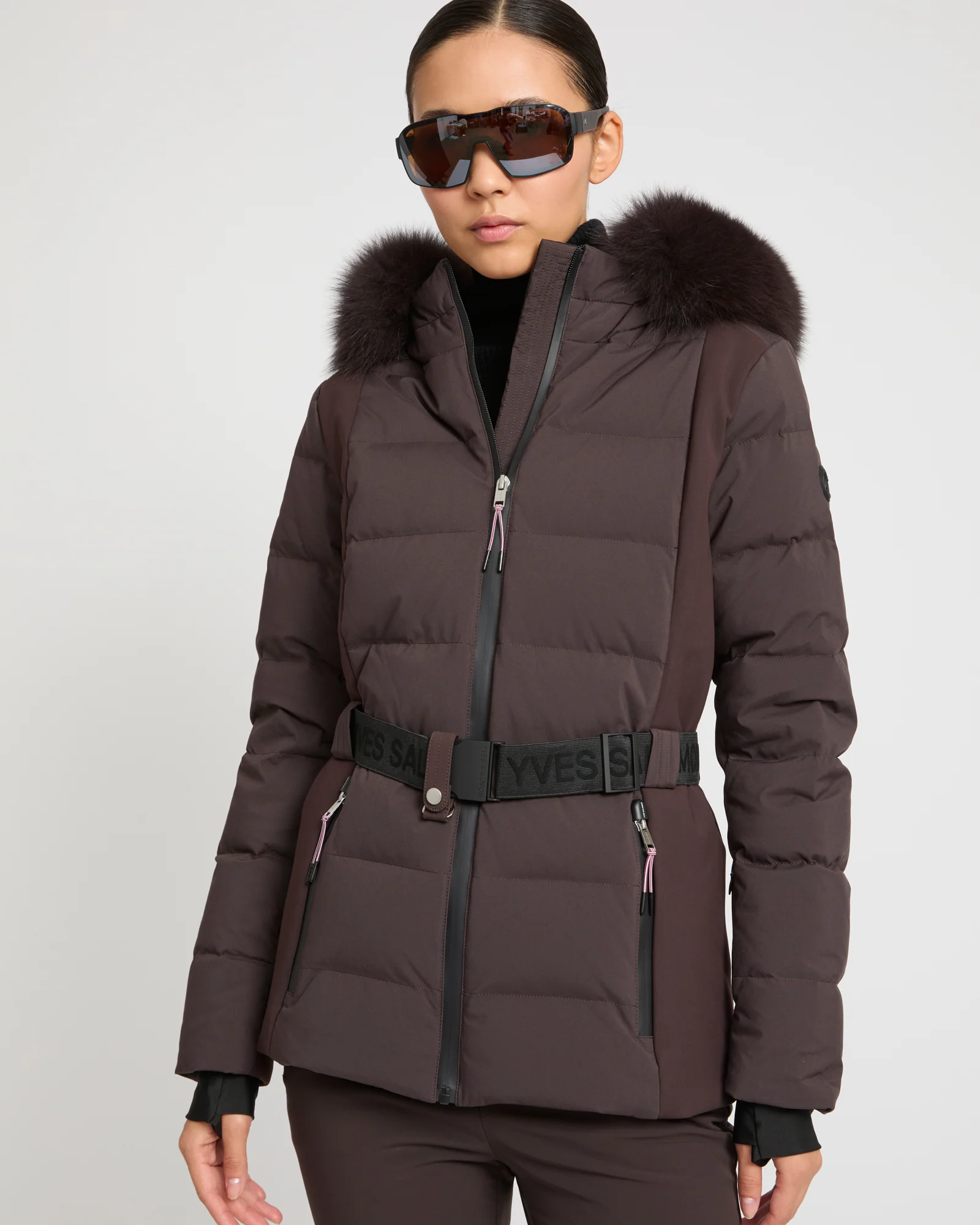 Mixed fabric belted ski jacket with fox fur trim – Image 2