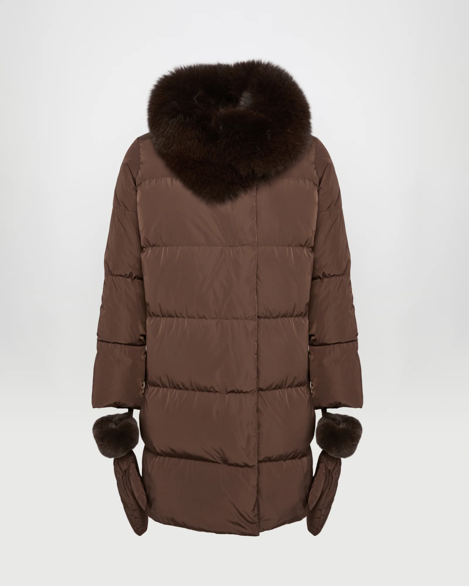 Long belted down jacket in technical fabric with detachable fox fur collar – Image 5