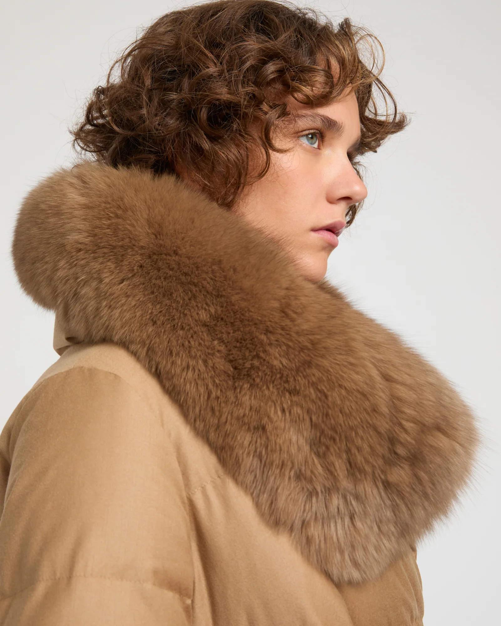 Long Down Jacket made with Loro Piana flannel with fox fur collar – Image 2