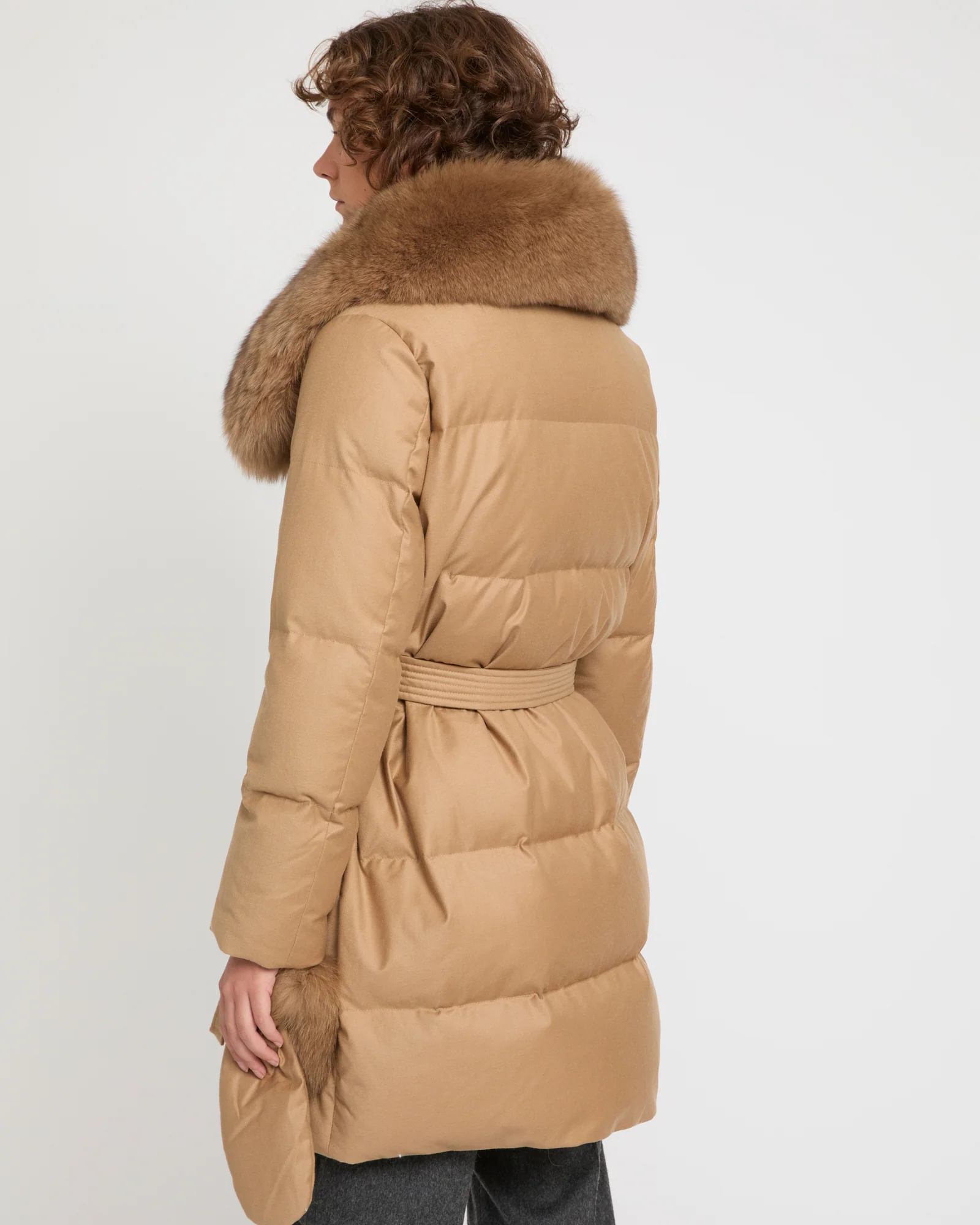 Long Down Jacket made with Loro Piana flannel with fox fur collar – Image 4