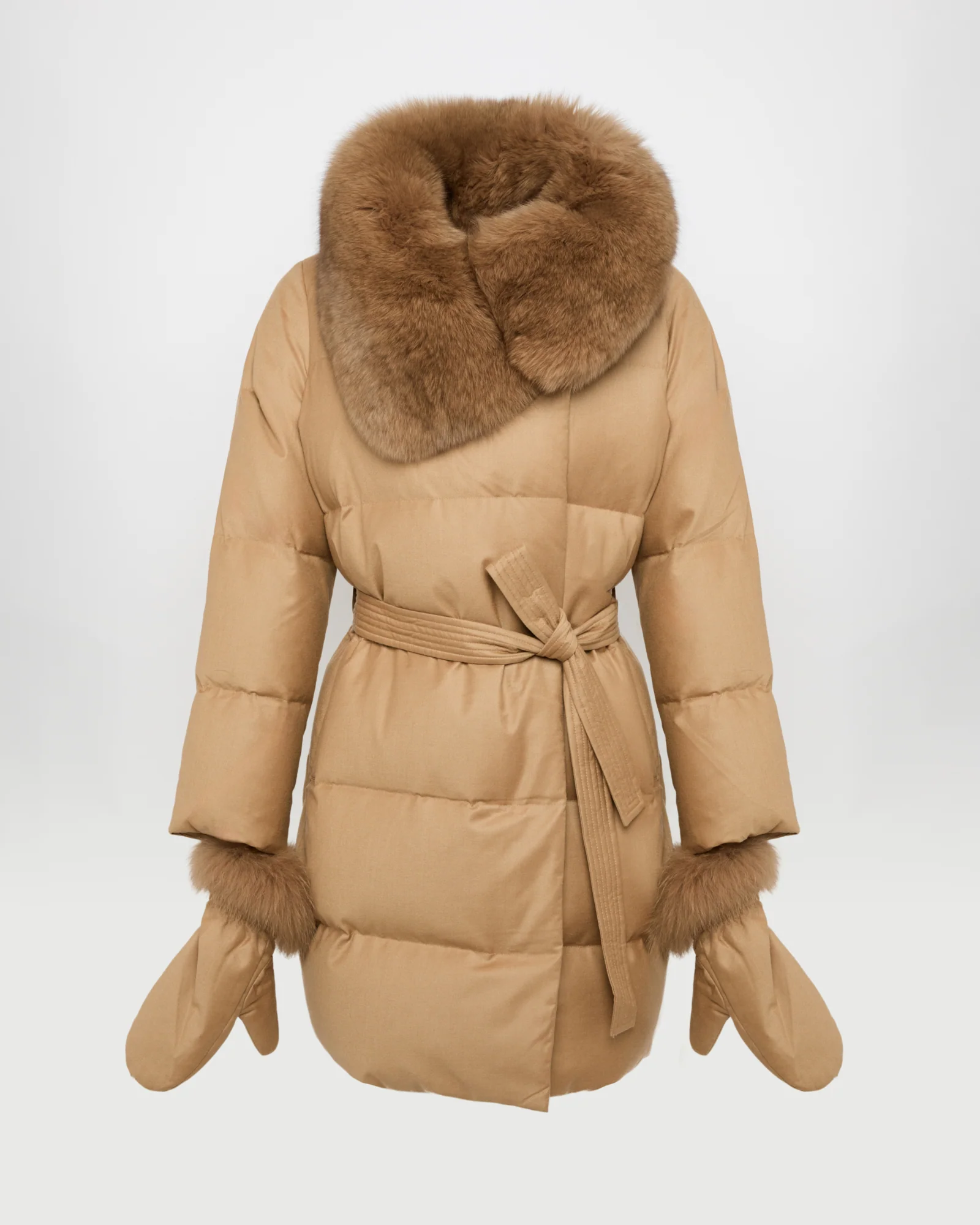 Long Down Jacket made with Loro Piana flannel with fox fur collar – Image 5