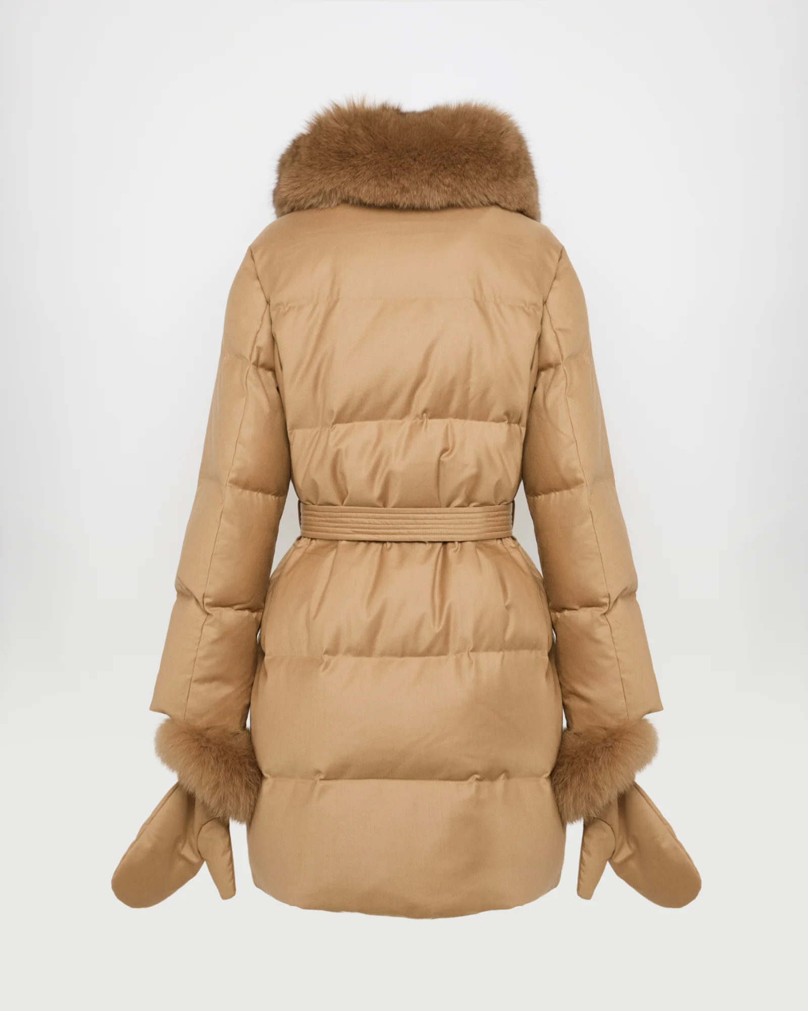 Long Down Jacket made with Loro Piana flannel with fox fur collar – Image 6