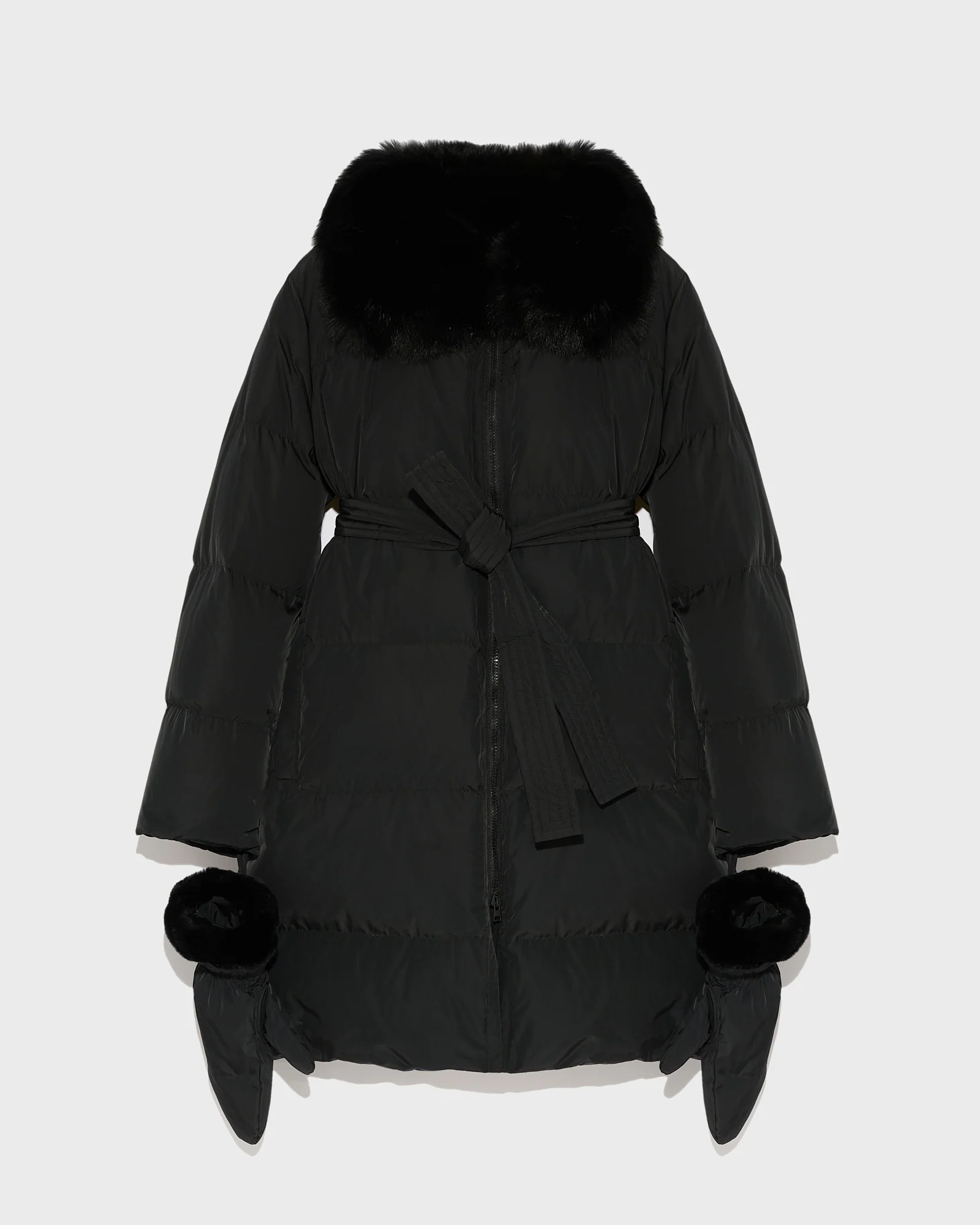 Long belted down jacket in technical fabric with fur collar – Image 5